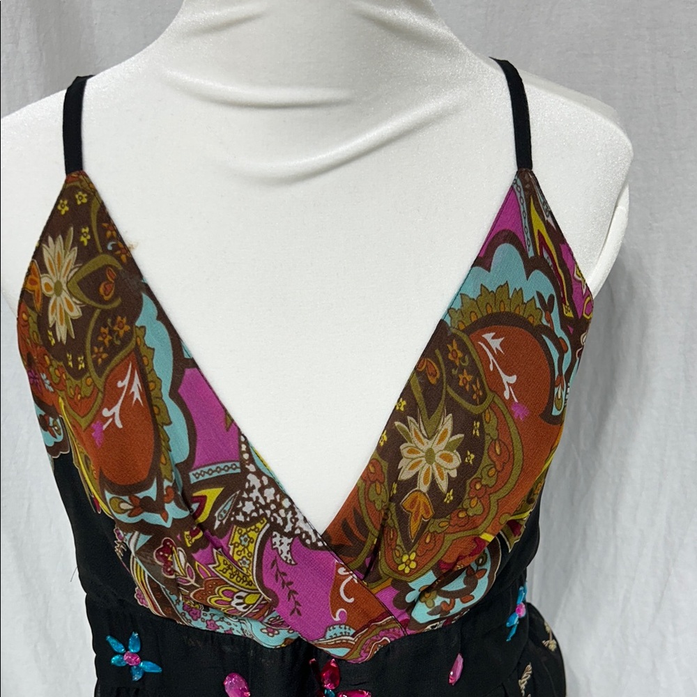 Black Paisley Midi Slip Dress with Pink & Teal Accents - Picture 3 of 8